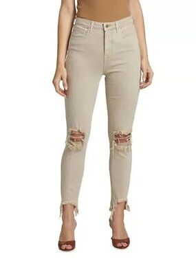 New L'AGENCE HIGH LINE High Rise Skinny Jeans Destructed Biscuit Tan Beige 25